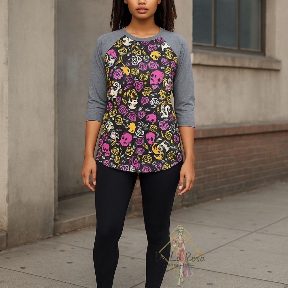 LuLaRoe Randy Skulls and Roses Raglan Tee- XS - Picture 2 of 2